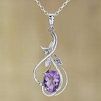 Rhodium plated amethyst pendant necklace, 'Wisteria Vines'