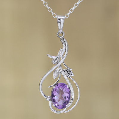 Rhodium plated amethyst pendant necklace, 'Wisteria Vines' - Rhodium Plated Amethyst Pendant Necklace from India