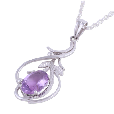 Rhodium plated amethyst pendant necklace, 'Wisteria Vines' - Rhodium Plated Amethyst Pendant Necklace from India