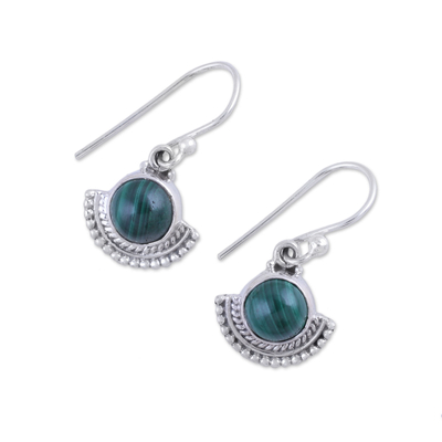 Malachite dangle earrings, 'Green Fans' - Fan-Shaped Malachite and Silver Dangle Earrings from India