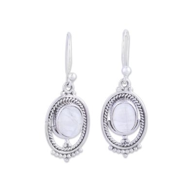 Rainbow moonstone dangle earrings, 'Ringed Magic' - Oval-Shaped Rainbow Moonstone Dangle Earrings from India