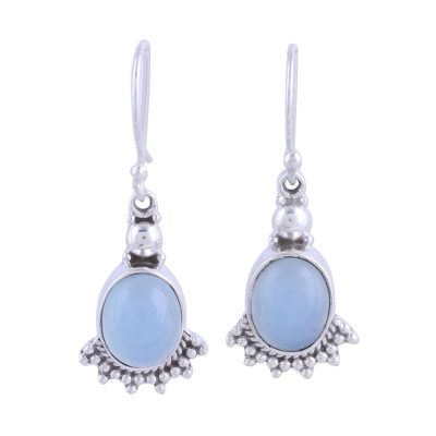 Chalcedony dangle earrings, 'Gleaming Fans' - Fan-Shaped Blue Chalcedony Dangle Earrings from India