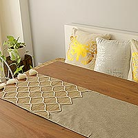 Cotton Jute Beige Beaded Embroidered Table Runner,'Classic Honeycomb'