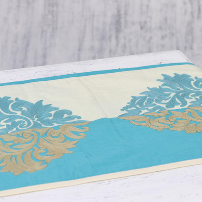 Chain-stitched cotton table runner, 'Majestic Fusion' - Cotton Blend Turquoise Beige Leaf Embroidered Table Runner
