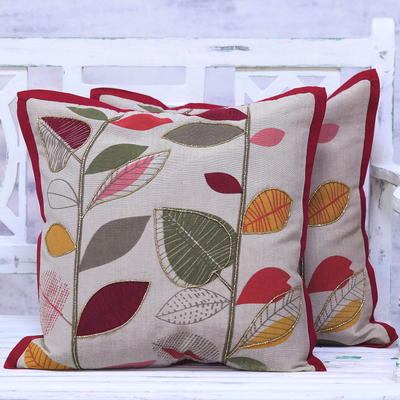 Cotton cushion covers, 'Vibrant Leaves' (pair) - Multicolored Cotton Cushion Covers with Leaf Motifs (Pair)