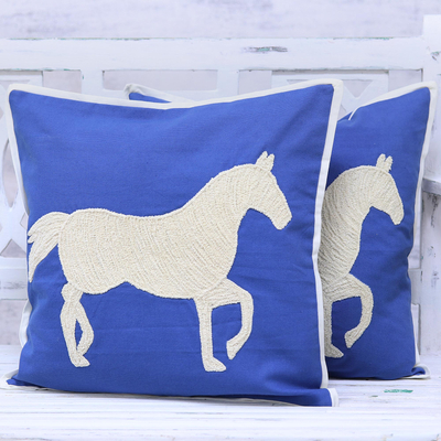 Cotton cushion covers, 'Majestic Horse' (pair) - Blue and Ivory Horse Motif Cushion Covers (Pair)