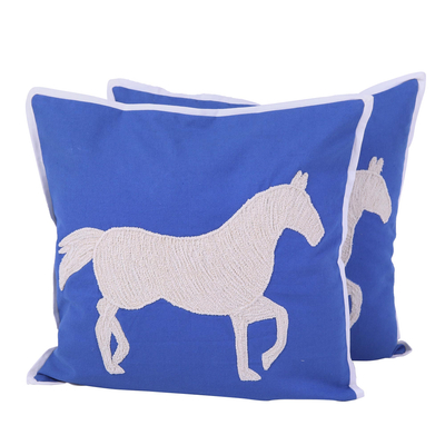 Cotton cushion covers, 'Majestic Horse' (pair) - Blue and Ivory Horse Motif Cushion Covers (Pair)