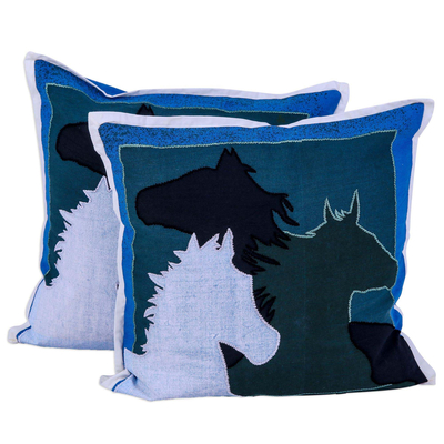 Cotton cushion covers, 'Countryside Horses' (pair) - Pair of 100% Cotton Horse Cushion Covers from India