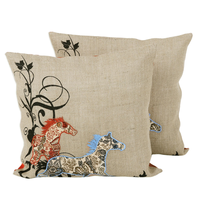 Jute cushion covers, 'Twin Horses' (pair) - Two Jute Cushion Covers with Floral Horse Motif from India
