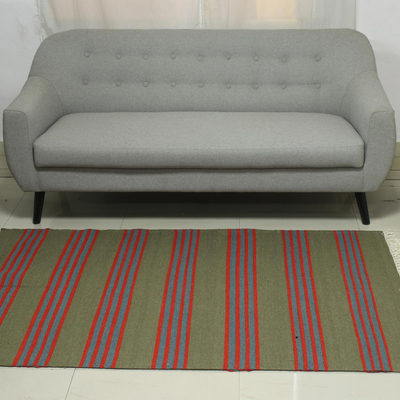 Wool dhurrie rug, 'Stripes of Life' (4x6) - 4x6 Striped Wool Dhurrie Rug in Avocado and Paprika