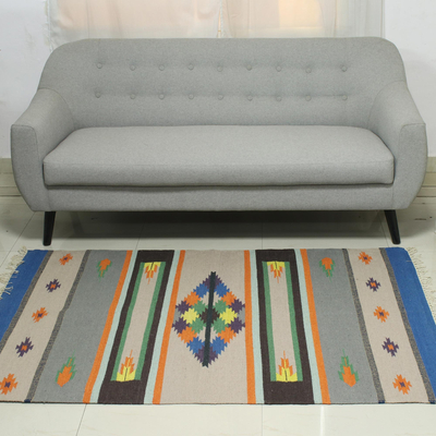 Dhurrie-Teppich aus Wolle, (4x6) - 4x6 geometrischer bunter Dhurrie-Wollteppich aus Indien