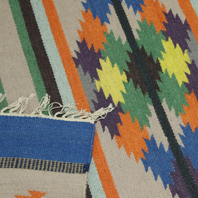 Wool dhurrie rug, 'Geometric Joy' (4x6) - 4x6 Geometric Colorful Wool Dhurrie Rug from India