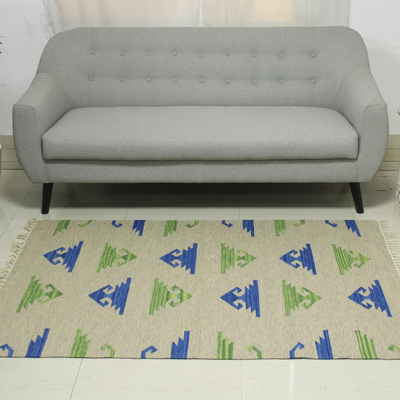 Wool dhurrie rug, 'Geometric Movement' (4x6) - 4x6 Wool Dhurrie Rug in Royal Blue and Avocado