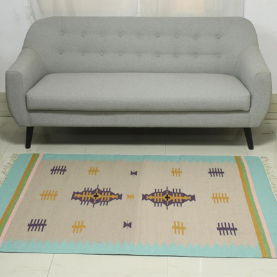 Dhurrie-Teppich aus Wolle, (4x6) - 4x6 Woll-Dhurrie-Teppich mit Rand in Mint aus Indien