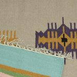 Wool dhurrie rug, 'Beach Caravan' (4x6) - 4x6 Wool Dhurrie Rug with a Border in Mint from India