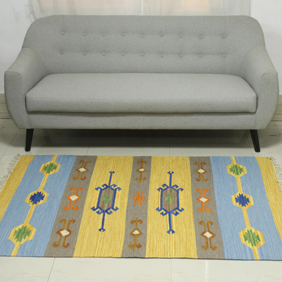 Dhurrie-Teppich aus Wolle, (4x6) - 4x6 bunter geometrischer Woll-Dhurrie-Teppich aus Indien
