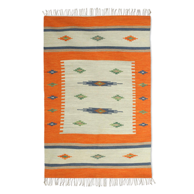 4x6 Handwoven Wool Dhurrie Rug in Tangerine from India