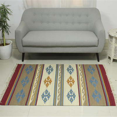 Wool dhurrie rug, 'Garden's Warmth' (4x6) - Artisan Handwoven Geometric Dhurrie Rug from India (4x6)