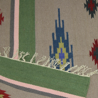 Wool dhurrie rug, 'Avocado Brilliance' (4x6) - Handwoven Dhurrie Rug with Geometric Pattern from India