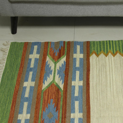 Wool dhurrie rug, 'Indian Style' (4x6) - 4x6 Handwoven Geometric Wool Dhurrie Rug from India