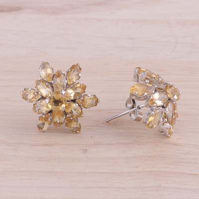 Rhodium plated citrine button earrings, 'Golden Burst' - Rhodium Plated Citrine Button Earrings from India