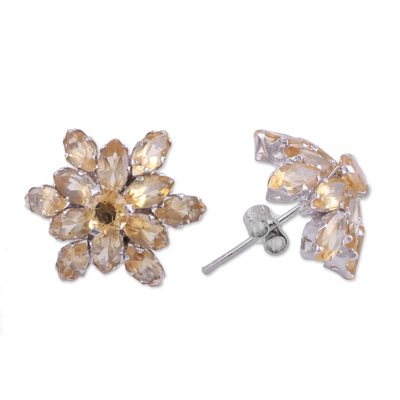 Rhodium plated citrine button earrings, 'Golden Burst' - Rhodium Plated Citrine Button Earrings from India