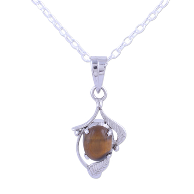 Rhodium plated tiger's eye pendant necklace, 'Earthy Bliss' - Rhodium Plated Tiger's Eye Leaf Pendant Necklace from India