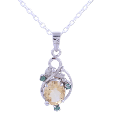 Rhodium plated citrine and emerald pendant necklace, 'Sunshine Bloom' - Rhodium Plated Citrine and Emerald Leaf Necklace from India