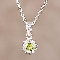 Rhodium plated peridot pendant necklace, 'Gleaming Flower' - Peridot and CZ Rhodium-Plated Sterling Silver Necklace
