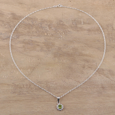 Rhodium plated peridot pendant necklace, 'Gleaming Flower' - Peridot and CZ Rhodium-Plated Sterling Silver Necklace