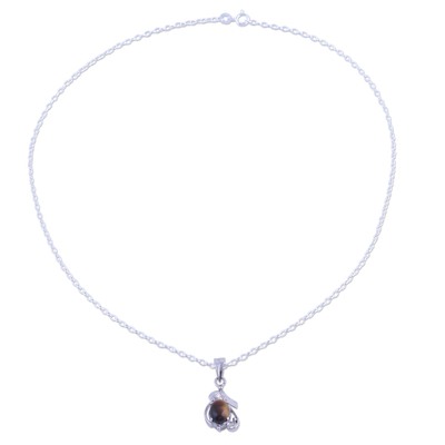 Rhodium plated tiger's eye pendant necklace, 'Earthen Bloom' - Rhodium Plated Tiger's Eye Pendant Necklace from India