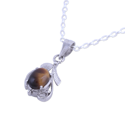 Rhodium plated tiger's eye pendant necklace, 'Earthen Bloom' - Rhodium Plated Tiger's Eye Pendant Necklace from India