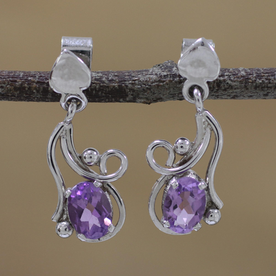 Rhodium plated amethyst dangle earrings, 'Flowing Twist' - Rhodium Plated Amethyst Leaf Dangle Earrings from India