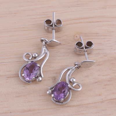 Rhodium plated amethyst dangle earrings, 'Flowing Twist' - Rhodium Plated Amethyst Leaf Dangle Earrings from India
