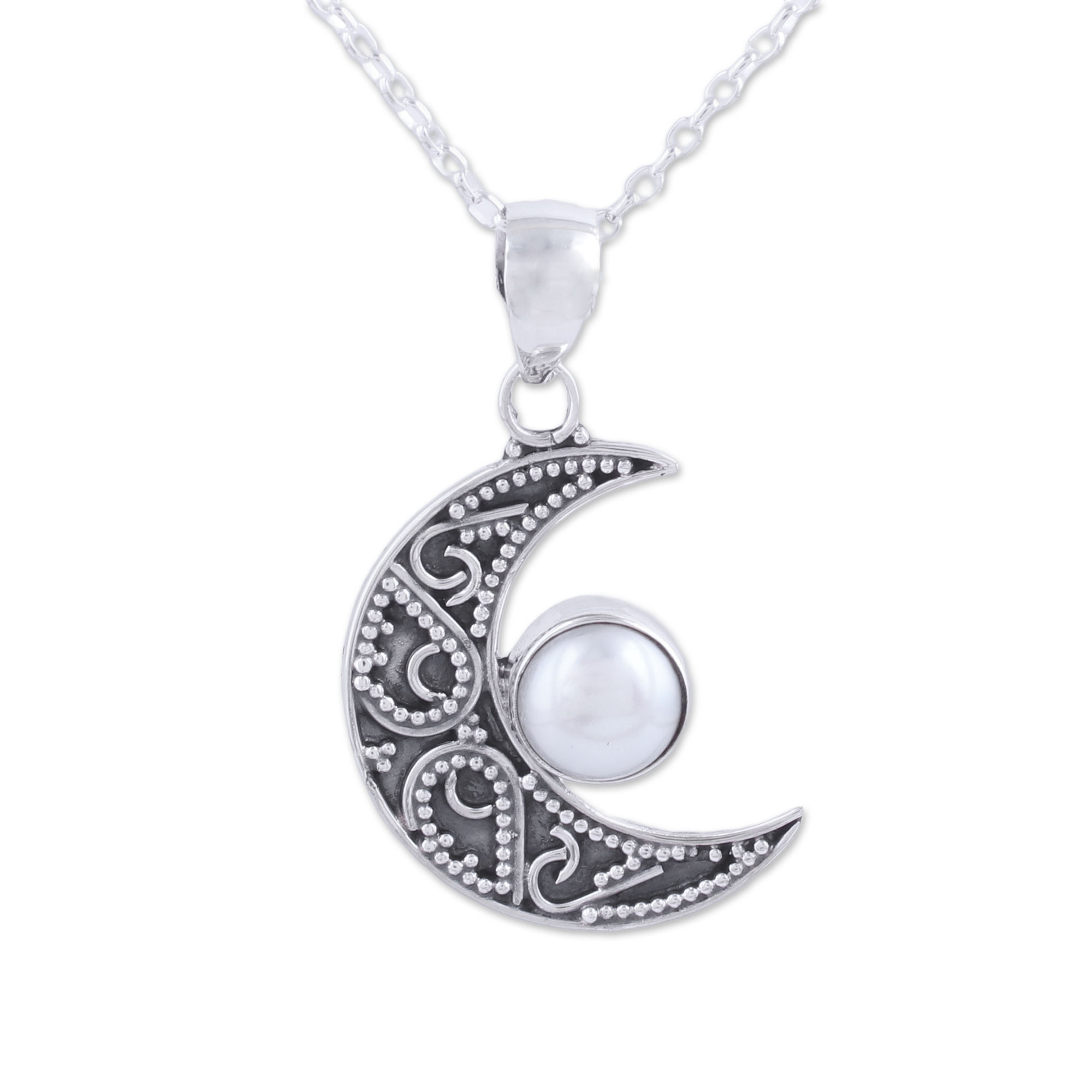 Cultured Pearl Crescent Moon Pendant Necklace from India - Cratered ...