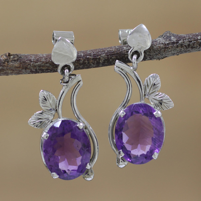 Rhodium plated amethyst dangle earrings, 'Pretty Lilac' - Rhodium Plated Leafy Amethyst Dangle Earrings from India