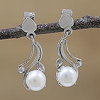 Rhodium plated cultured pearl dangle earrings, 'Glowing Wisp' - Rhodium Plated Cultured Pearl Dangle Earrings from India