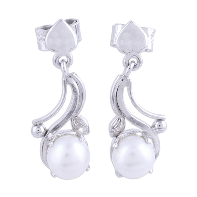 Rhodium plated cultured pearl dangle earrings, 'Glowing Wisp' - Rhodium Plated Cultured Pearl Dangle Earrings from India