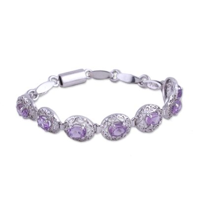 Amethyst link bracelet, 'Jali Beauty' - Rhodium-Plated Sterling Silver Amethyst Link Bracelet