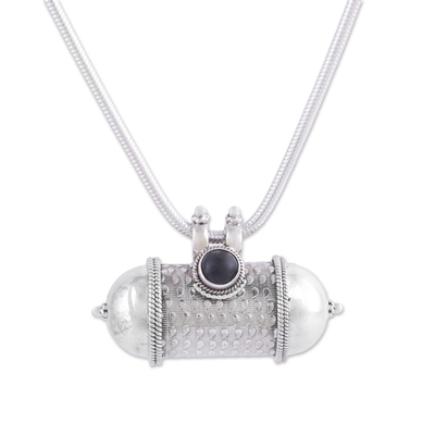 Onyx pendant necklace, 'Royal Drum' - Onyx and Sterling Silver Drum Pendant Necklace from India