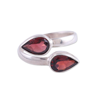 Garnet wrap ring, 'Radiant Drops' - Polished Sterling Silver and Garnet Wrap Ring