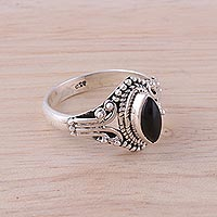 Onyx and Sterling Silver Single Stone Ring from India,'Midnight Luxury'