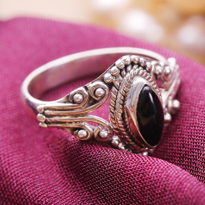 Onyx single-stone ring, 'Midnight Luxury' - Onyx and Sterling Silver Single Stone Ring from India
