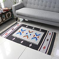 Wool dhurrie rug, 'Geometric Beauty' (3x5) - 3x5 Wool Dhurrie in Graphite and Pearl Grey from India