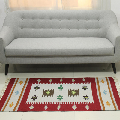 Wool dhurrie rug, 'Crimson Elegance' (3x5) - 3 by 5 Foot Handwoven Crimson Wool Dhurrie Rug from India