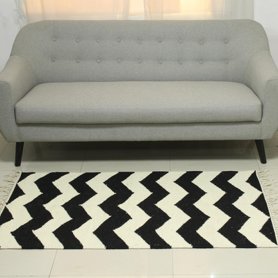 Dhurrie-Teppich aus Wolle, (3x5) - 3x5 handgewebter Zickzack-Woll-Dhurrie-Teppich aus Indien