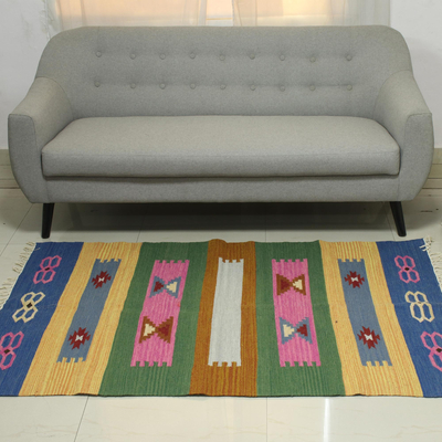 Dhurrie-Teppich aus Wolle, (4x6) - 4x6 handgewebter Dhurrie-Teppich aus mehrfarbiger Wolle aus Indien