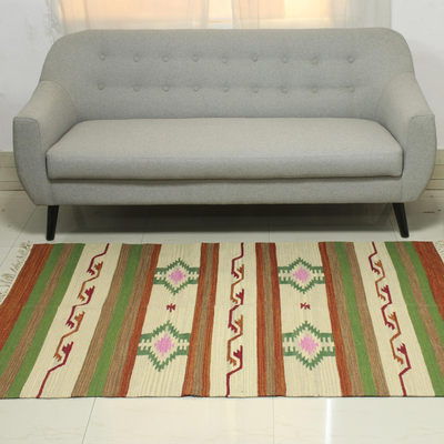 Dhurrie-Teppich aus Wolle, (4x6) - 4x6 handgewebter gestreifter Dhurrie-Wollteppich aus Indien
