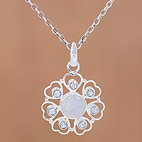 Rainbow moonstone and blue topaz pendant necklace, Circle of Hearts