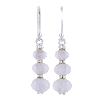 Rainbow moonstone dangle earrings, 'Natural Ellipses' - Rainbow Moonstone and 925 Silver Dangle Earrings from India